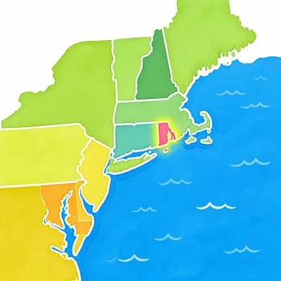 Map showing Rhode Island next to the Atlantic Ocean.