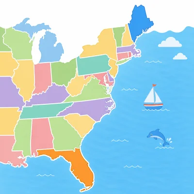 Map showing Maine and Florida on the East Coast but in different regions.
