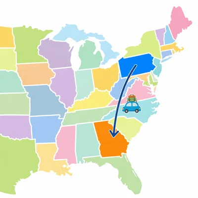 Map showing a trip from Pennsylvania in the Northeast to Georgia in the Southeast.
