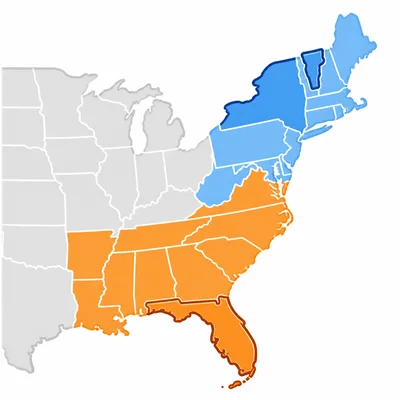 Eastern United States map showing Florida in the Southeast and Vermont and New York in the Northeast.