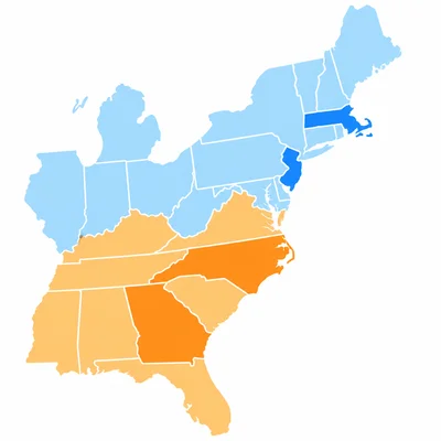 Map highlighting Georgia and North Carolina in the Southeast and Massachusetts and New Jersey in the Northeast.