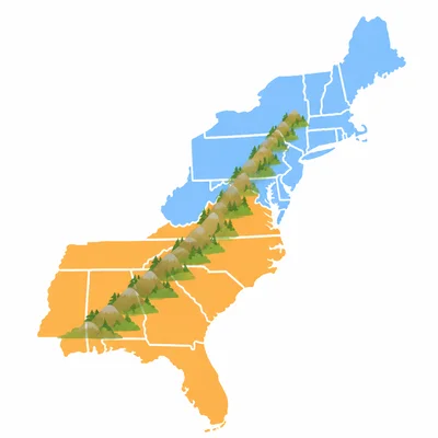 Map showing the Appalachian Mountains stretching through the Northeast and Southeast.