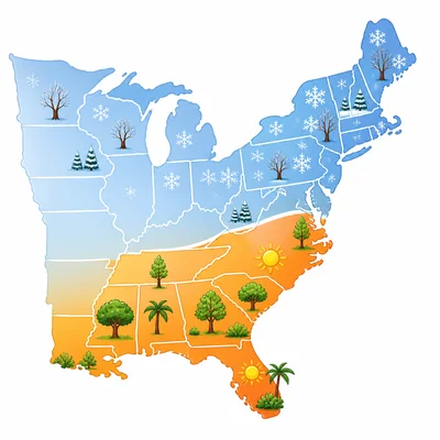 Map comparing colder snowy winters in the Northeast with warmer winters in the Southeast.