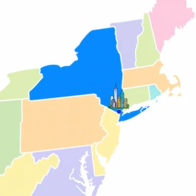 Map showing New York City in New York within the Northeast region.