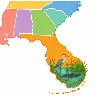 Florida map with a wetland scene representing the Everglades in the Southeast.