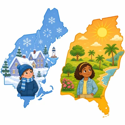 Illustration comparing snowy Northeast winters with warmer Southeast winters.