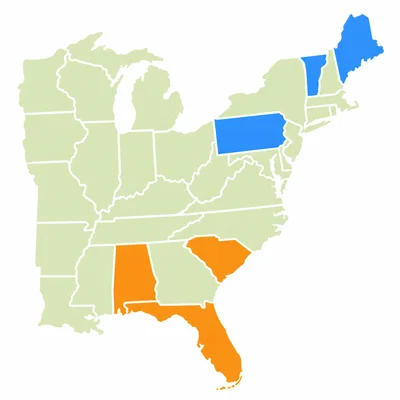 Map showing one group of Northeast states and one group of Southeast states.