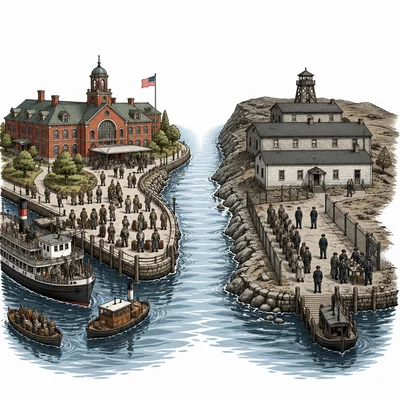 Two different island immigration stations are shown with contrasting atmospheres.