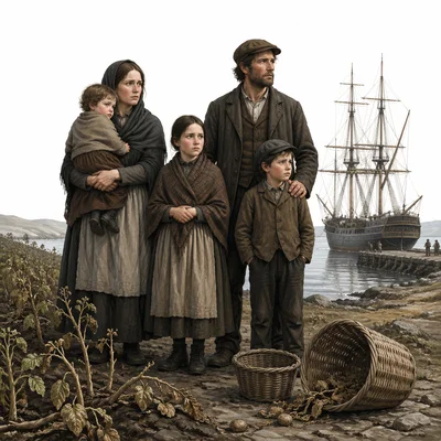 An Irish family near a failed potato field with a ship in the background.
