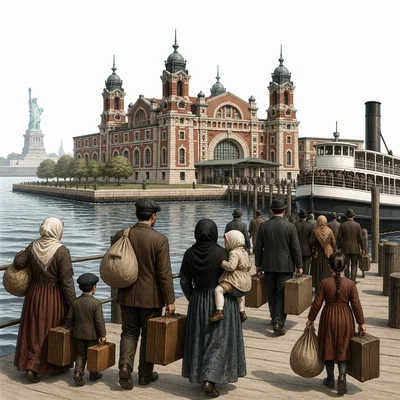 Immigrant families arrive by ferry at Ellis Island in New York Harbor.