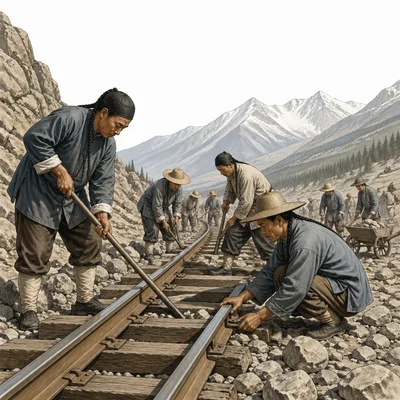 Chinese immigrant workers lay railroad tracks in a western landscape.