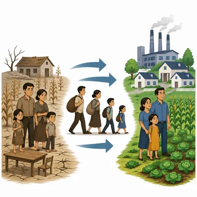 People move from a struggling place toward a more promising destination.