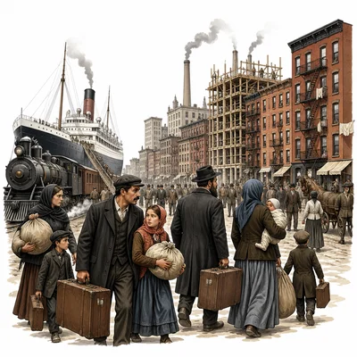 Immigrant families arrive in a growing industrial city with factories and apartments.