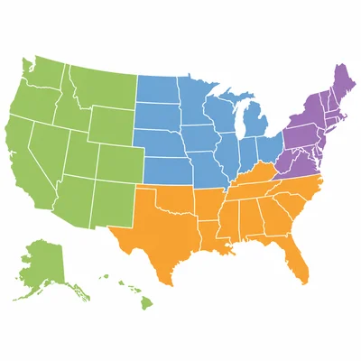A color-coded map of the United States divided into four regions.