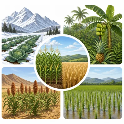 Different farm crops growing in different climate conditions.