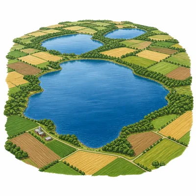 Large freshwater lakes surrounded by farmland.
