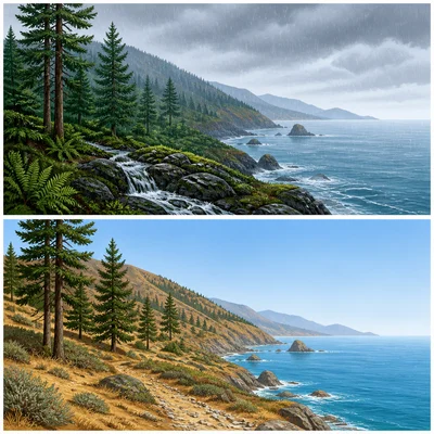 A Pacific coast landscape with rainy and dry seasonal conditions.