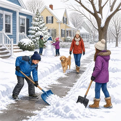 People in a snowy northeastern neighborhood during winter.