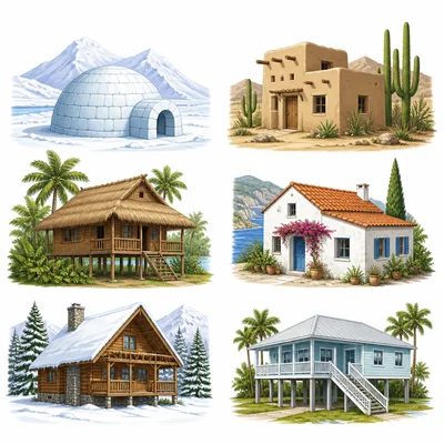 Different types of homes suited to different regional climates.
