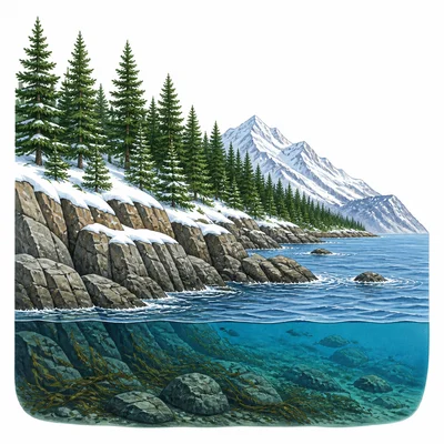 A cold rocky coastline with forests and snow.