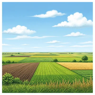 Flat farmland and open plains under a wide sky.