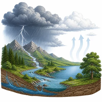 A warm green landscape with rain clouds and a storm.