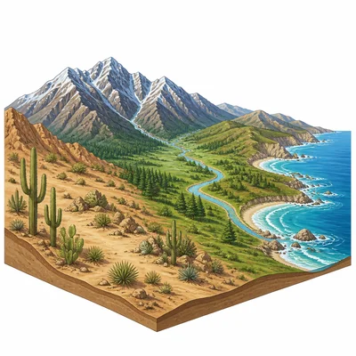 Desert, mountains, valley, and ocean coast in one western landscape.