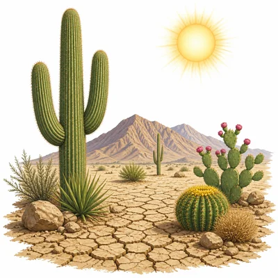 A hot dry desert climate with cactus and cracked ground.
