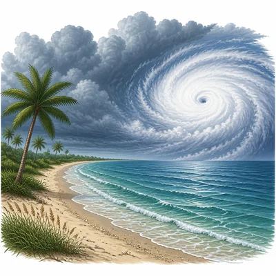 A warm Gulf Coast shoreline with storm clouds and a hurricane offshore.