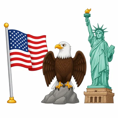 U.S. flag, bald eagle, and Statue of Liberty.