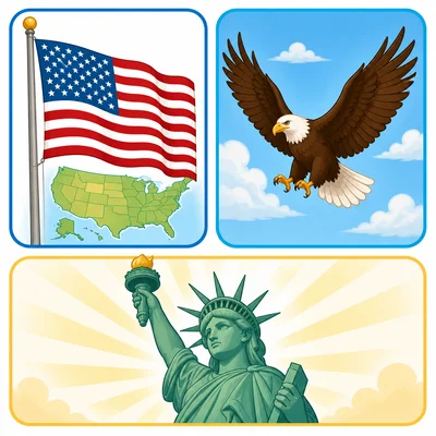 U.S. flag, bald eagle, and Statue of Liberty with visual meaning hints.