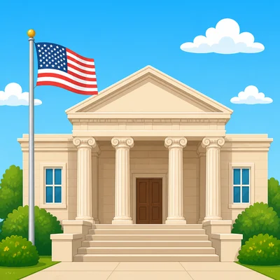 A U.S. flag flying outside a building.