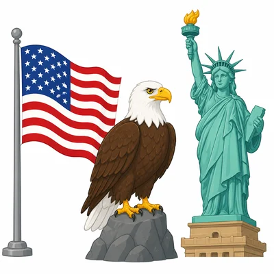 U.S. flag, bald eagle, and Statue of Liberty.