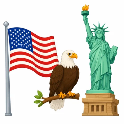 U.S. flag, bald eagle, and Statue of Liberty.