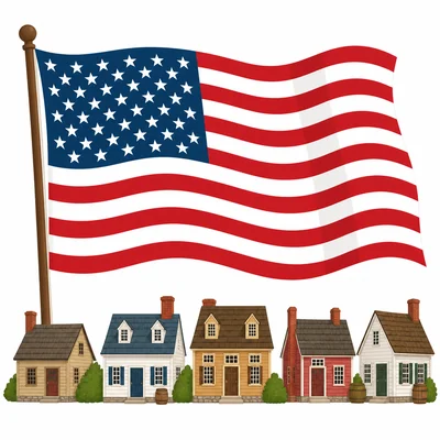 U.S. flag stripes shown with colonial houses.