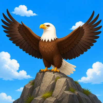 A proud bald eagle with wings spread.