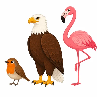 A robin, a bald eagle, and a flamingo.