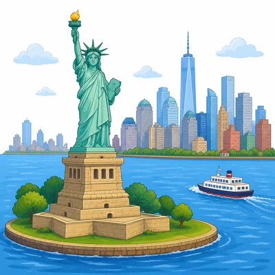 The Statue of Liberty on an island in a harbor.