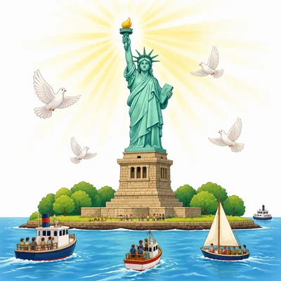 Statue of Liberty with torch, doves, and boats.