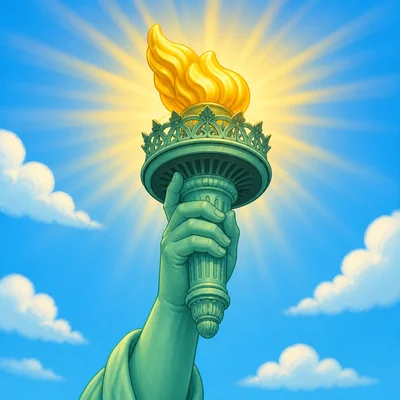 A glowing torch held high.