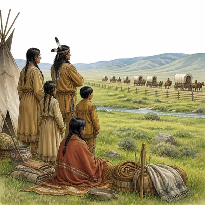 Native American families watch as wagons and fences move into their homeland.