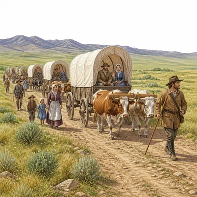Several covered wagons travel together in a wagon train across the prairie.