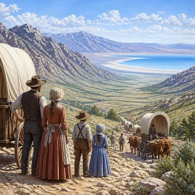 Pioneer families with wagons arrive at a mountain valley beside a large salt lake.