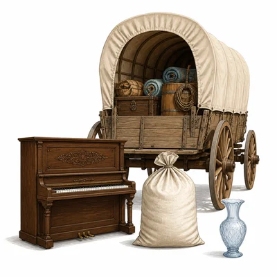 A wagon is packed beside a piano, a sack of flour, and a glass vase.