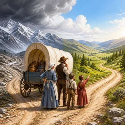 A wagon at a trail fork faces a snowy mountain route and a sunny valley route.