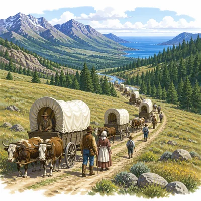 Covered wagons travel along a trail from plains toward mountains and a green valley.