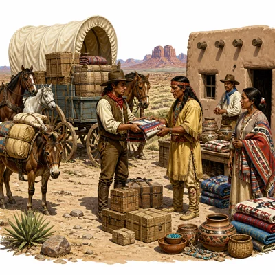 Traders exchange goods beside a freight wagon at a southwestern trading post.