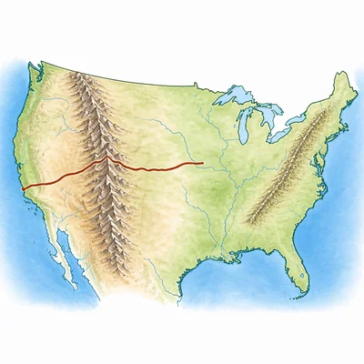 A simplified United States map shows mountain ranges, oceans, and a westward trail crossing western mountains.