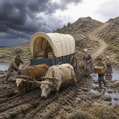 A covered wagon faces mud, a river crossing, rocky hills, and storm clouds.