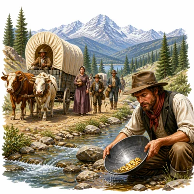 Travelers on a wagon trail head toward mountains while a prospector pans for gold.